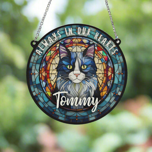 Cat Black & White Memorial Stained Glass Effect Suncatcher
